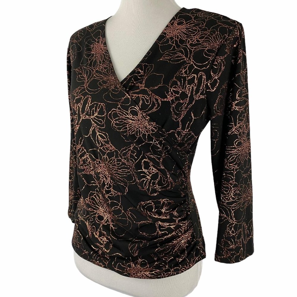 MSK Black Rose Gold Glitter Floral Wrap Top L